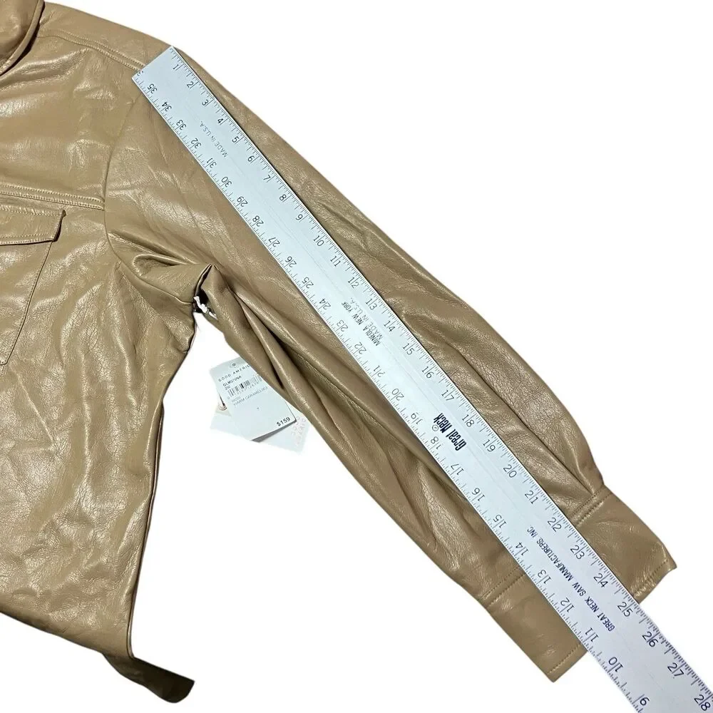 Good American Faux Leather Shirt Jacket Tan‎ Womens 7 Snap Front Overshirt